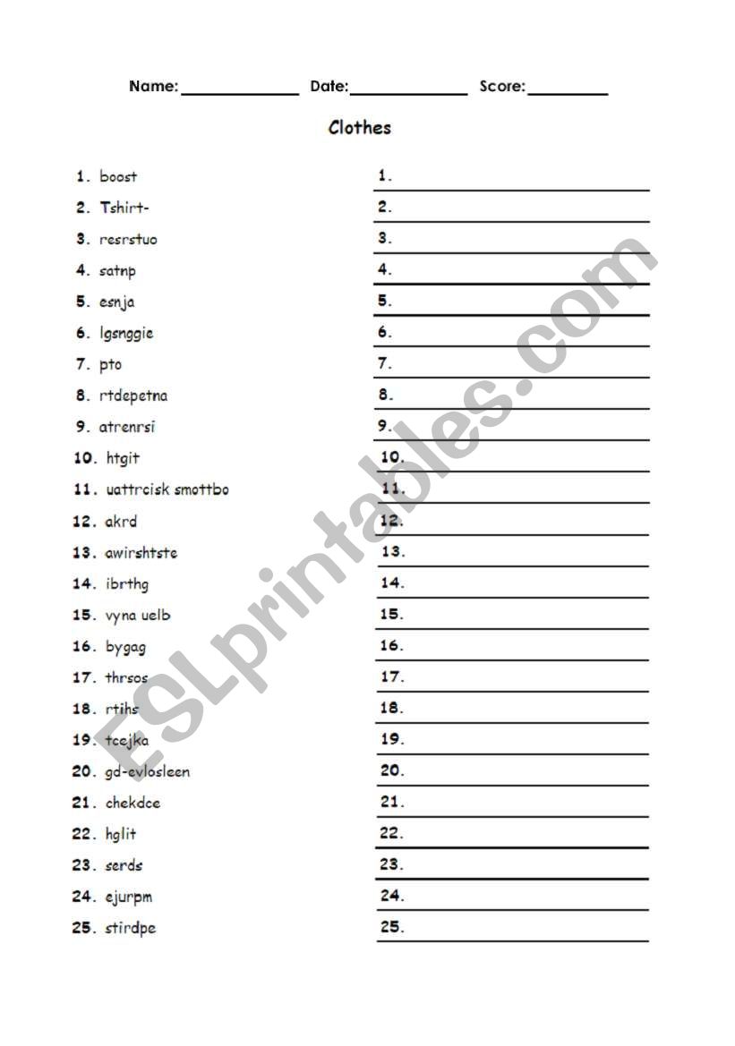 Clothes worksheet