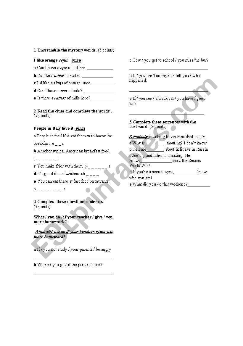 test worksheet