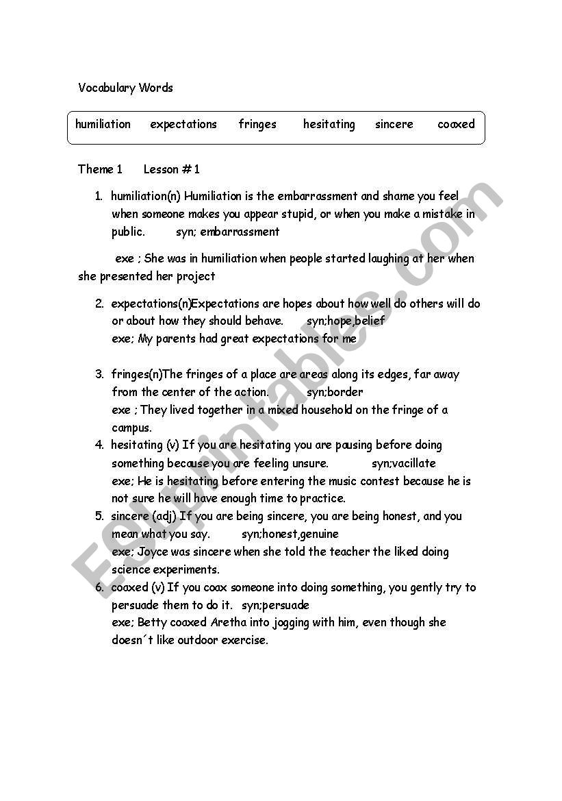 vocabulary words worksheet
