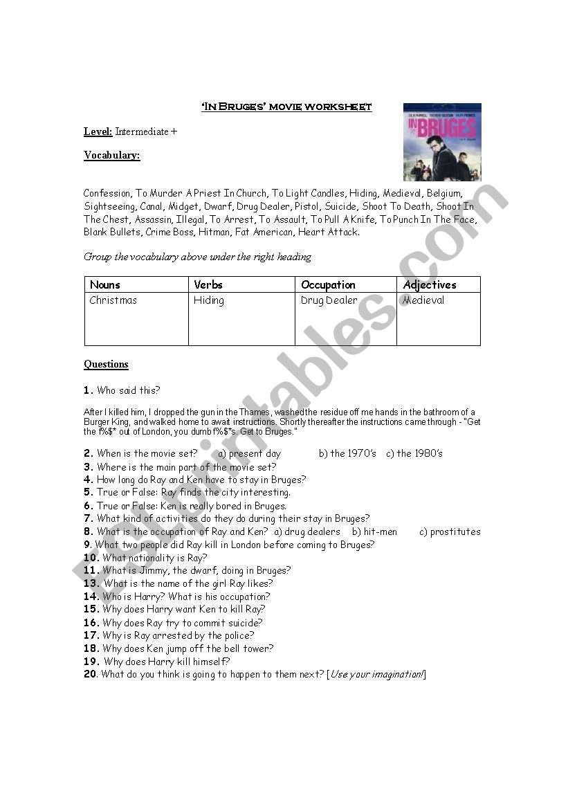 In Bruges Movie Worksheet worksheet