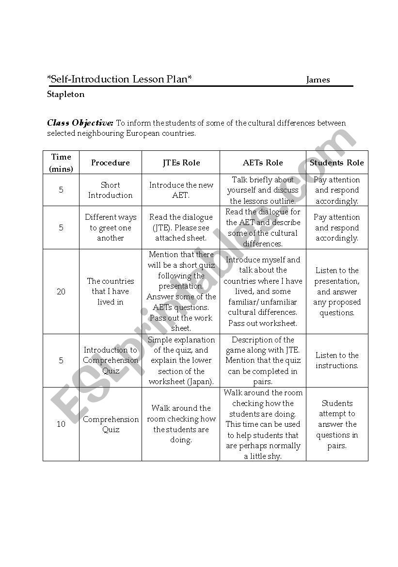 Introduction Lesson Plan worksheet