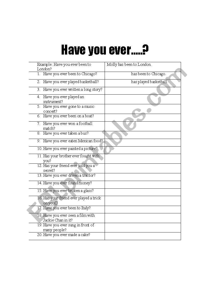 Have you ever...?? worksheet