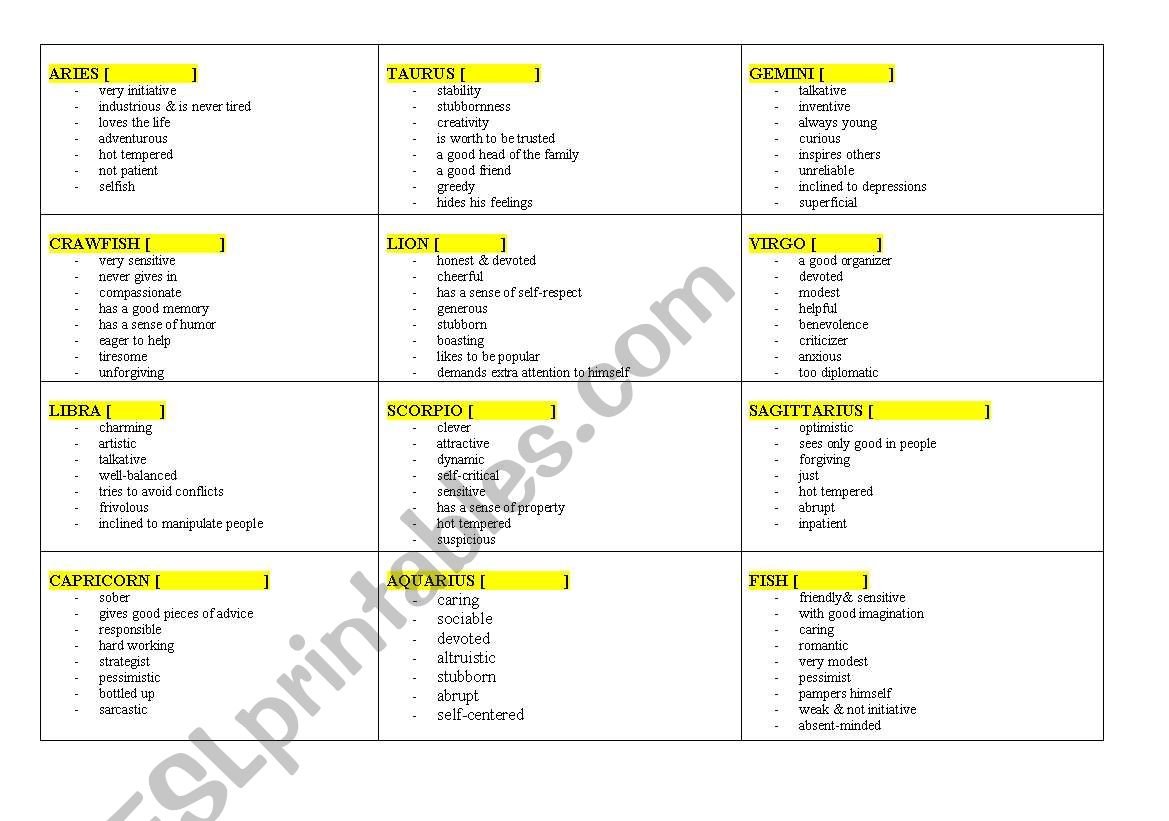 Zodiacal Signs worksheet