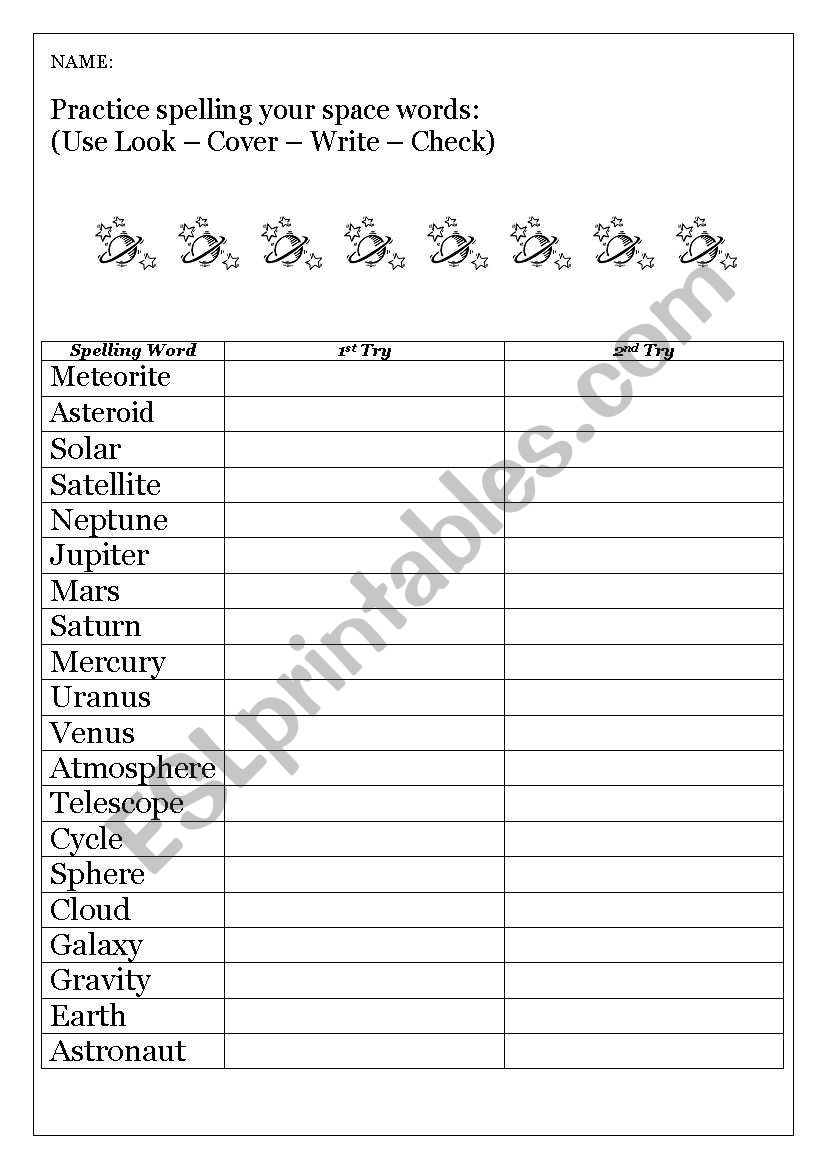 Space theme spelling words and flashcards