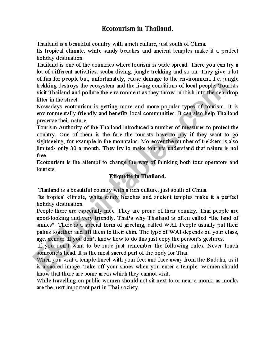 Ecotourism in Tailand worksheet