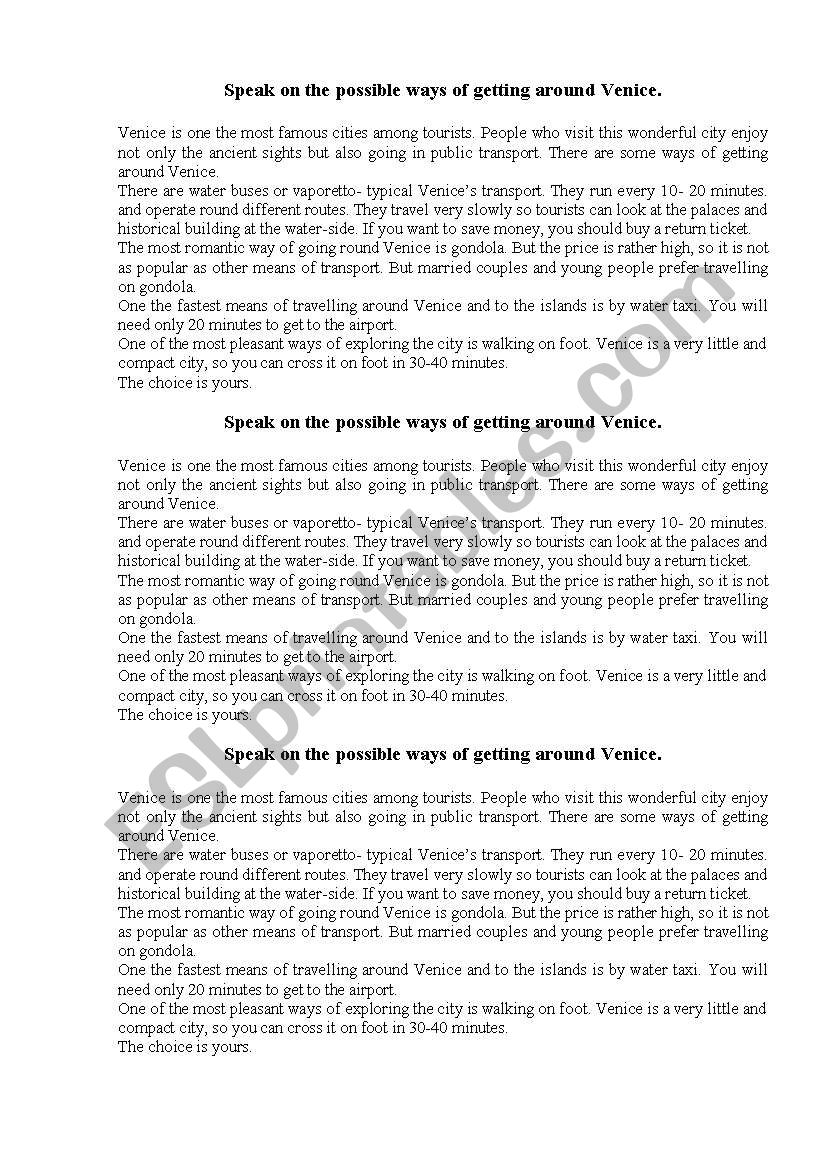 Public transport in Venice worksheet