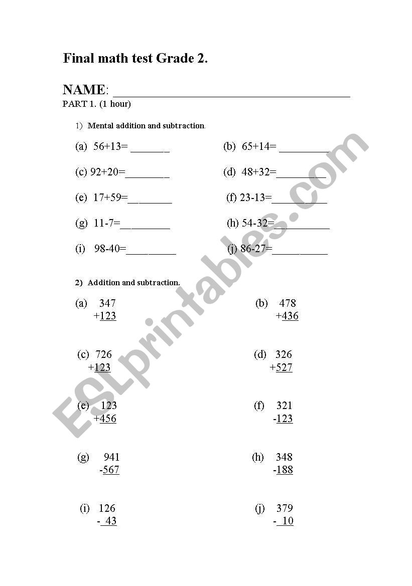 ESL math test. (6 pages) worksheet