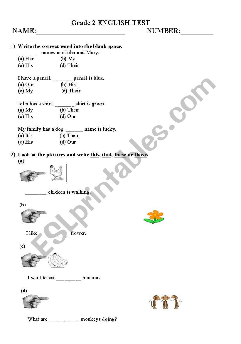 grade 2 ESL english test. (4 pages)
