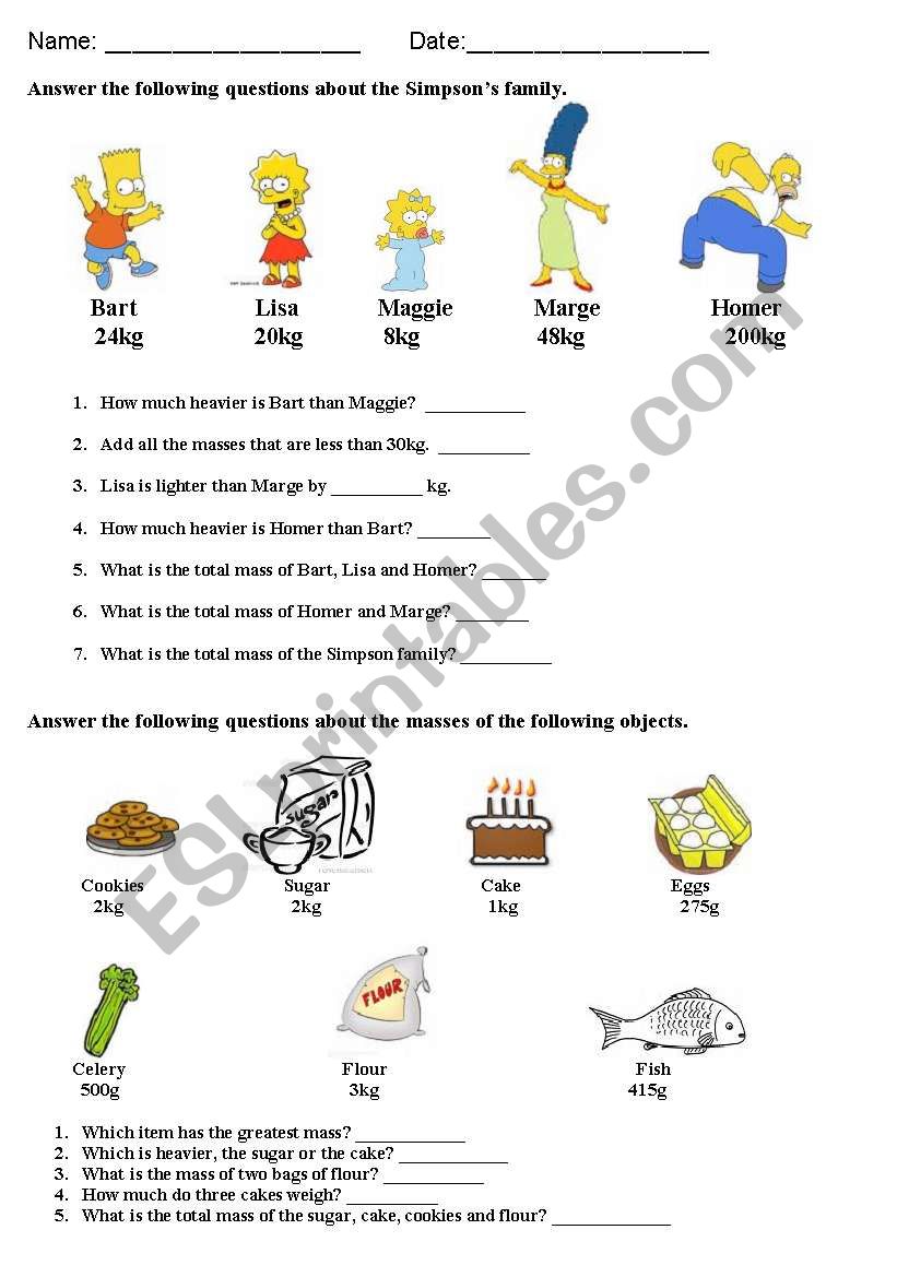 ESL Test on the mass of objects and people.