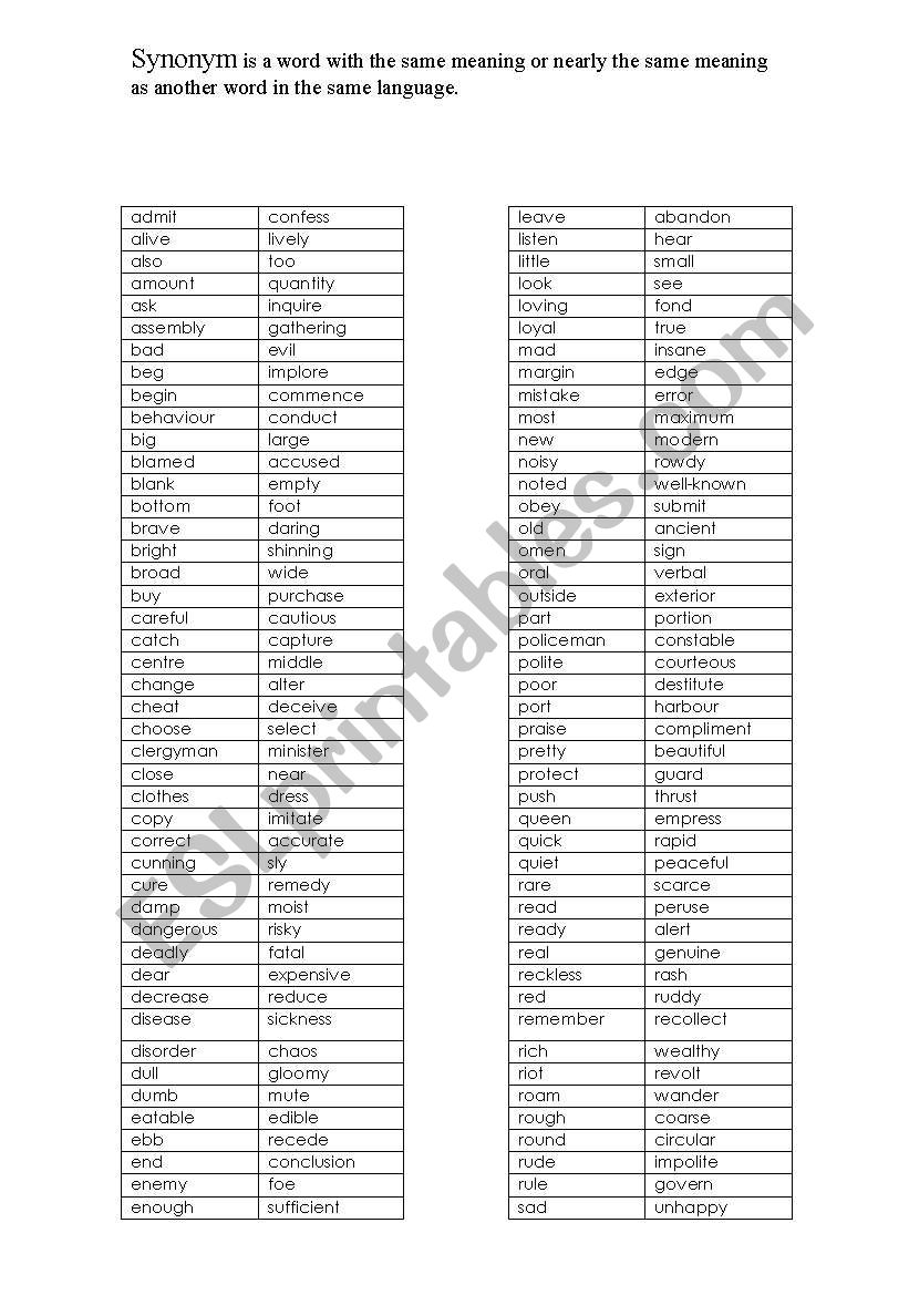 Synonym worksheet