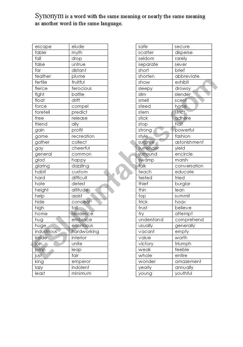 Synonym Esl Worksheet By Rodrigueznet