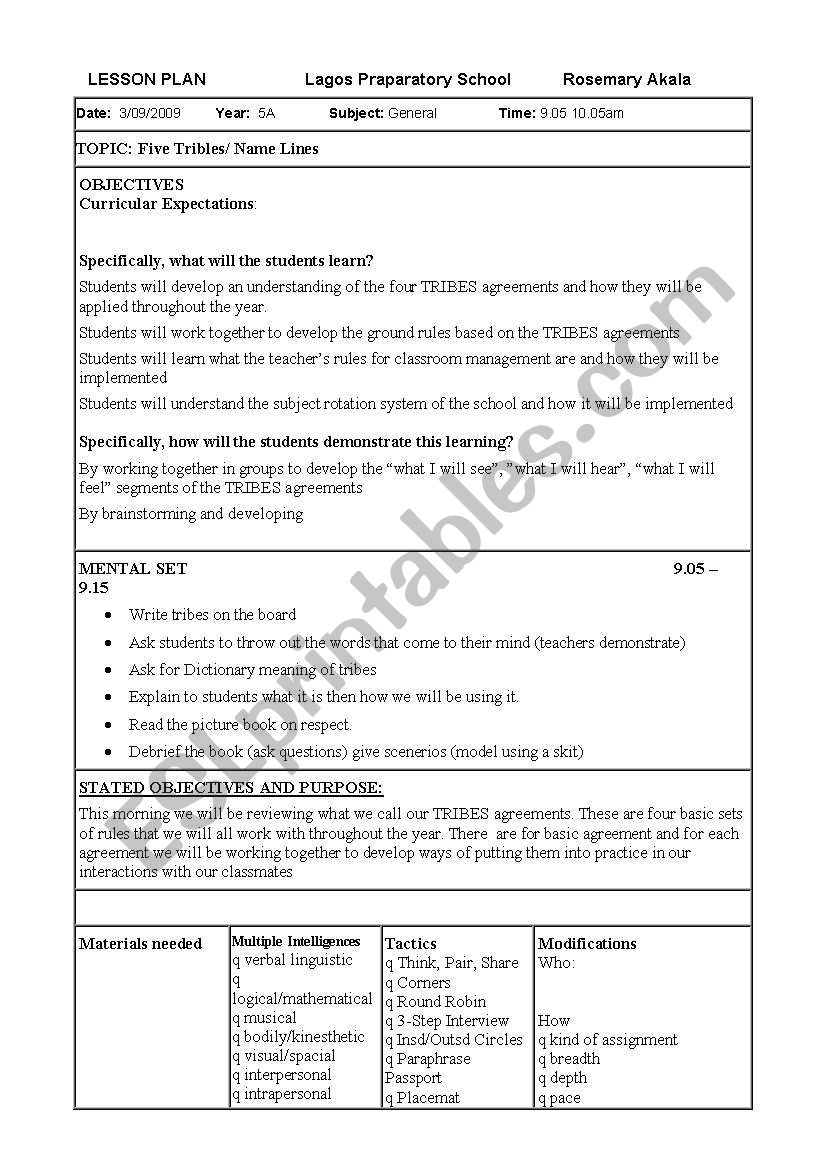 TRIBES worksheet