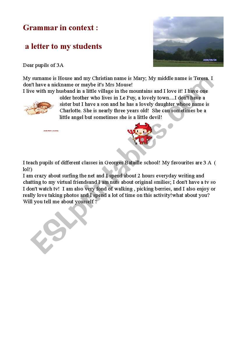 letter from me to my pupils! worksheet