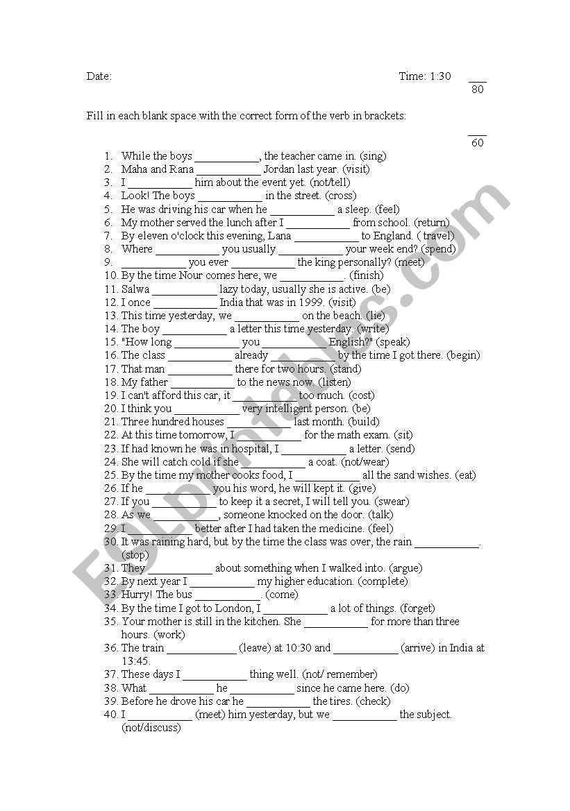 Verb tenses (test) worksheet