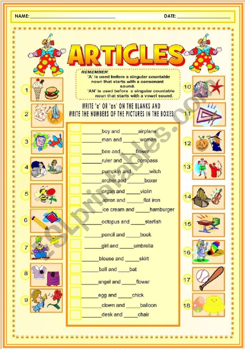 ARTICLES worksheet