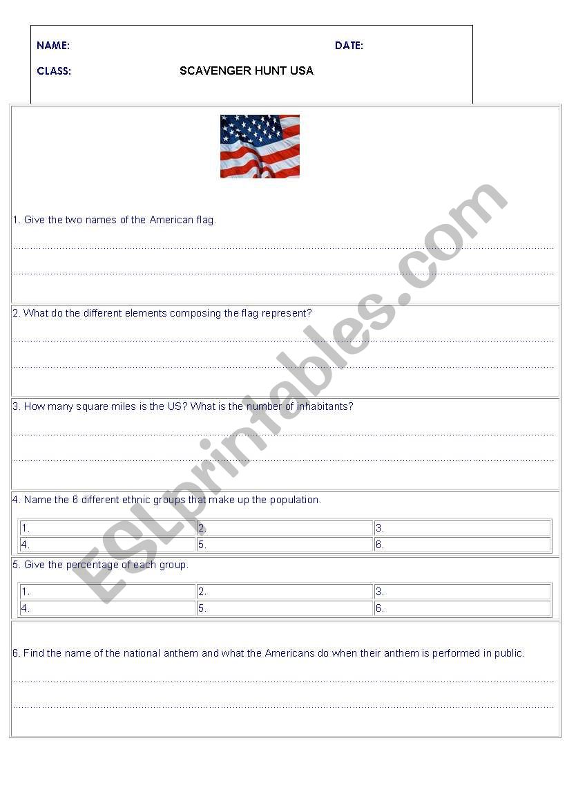 Scavenger hunt USA worksheet