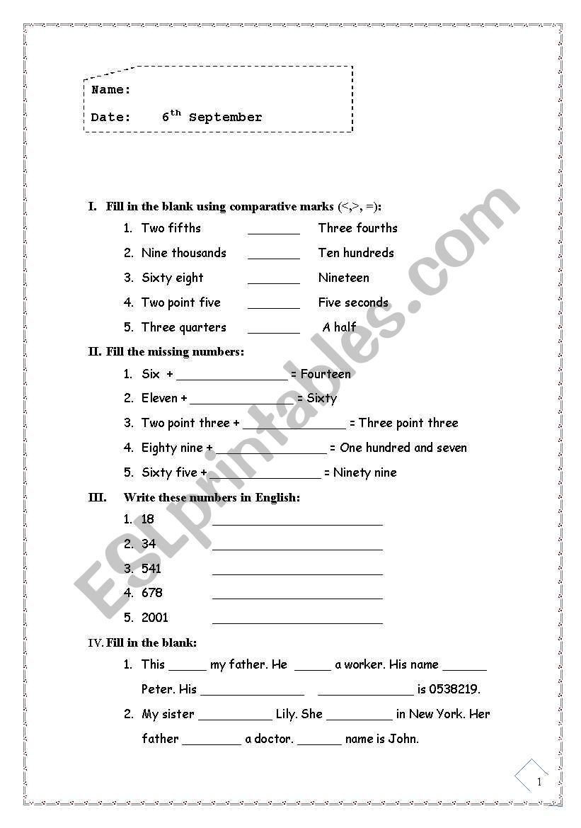 number worksheet