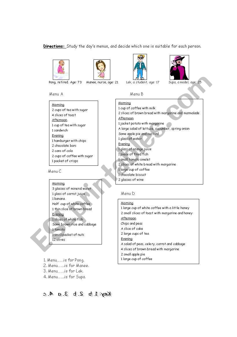 Match each menu to each person.