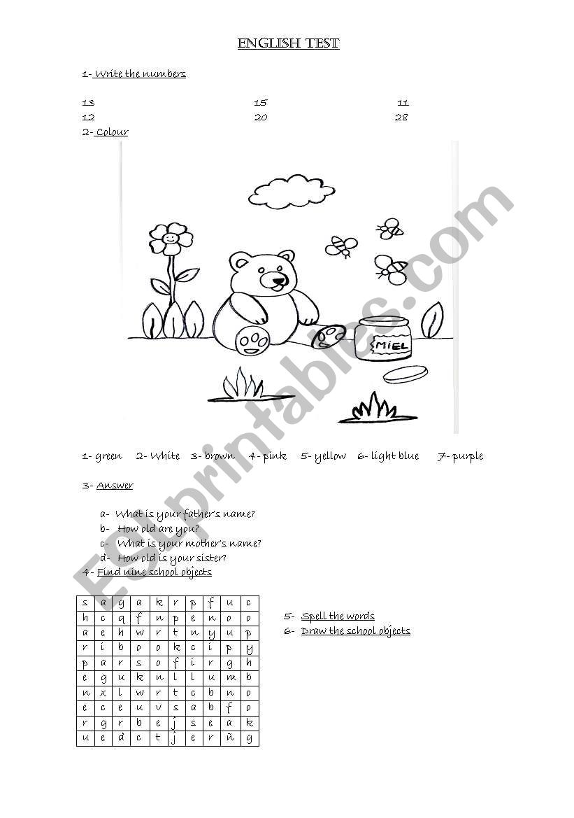 Test about colours worksheet