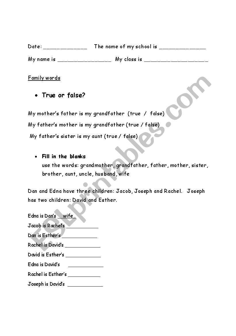 family members worksheet worksheet