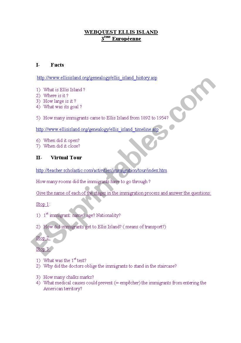 Webquest Ellis Island worksheet