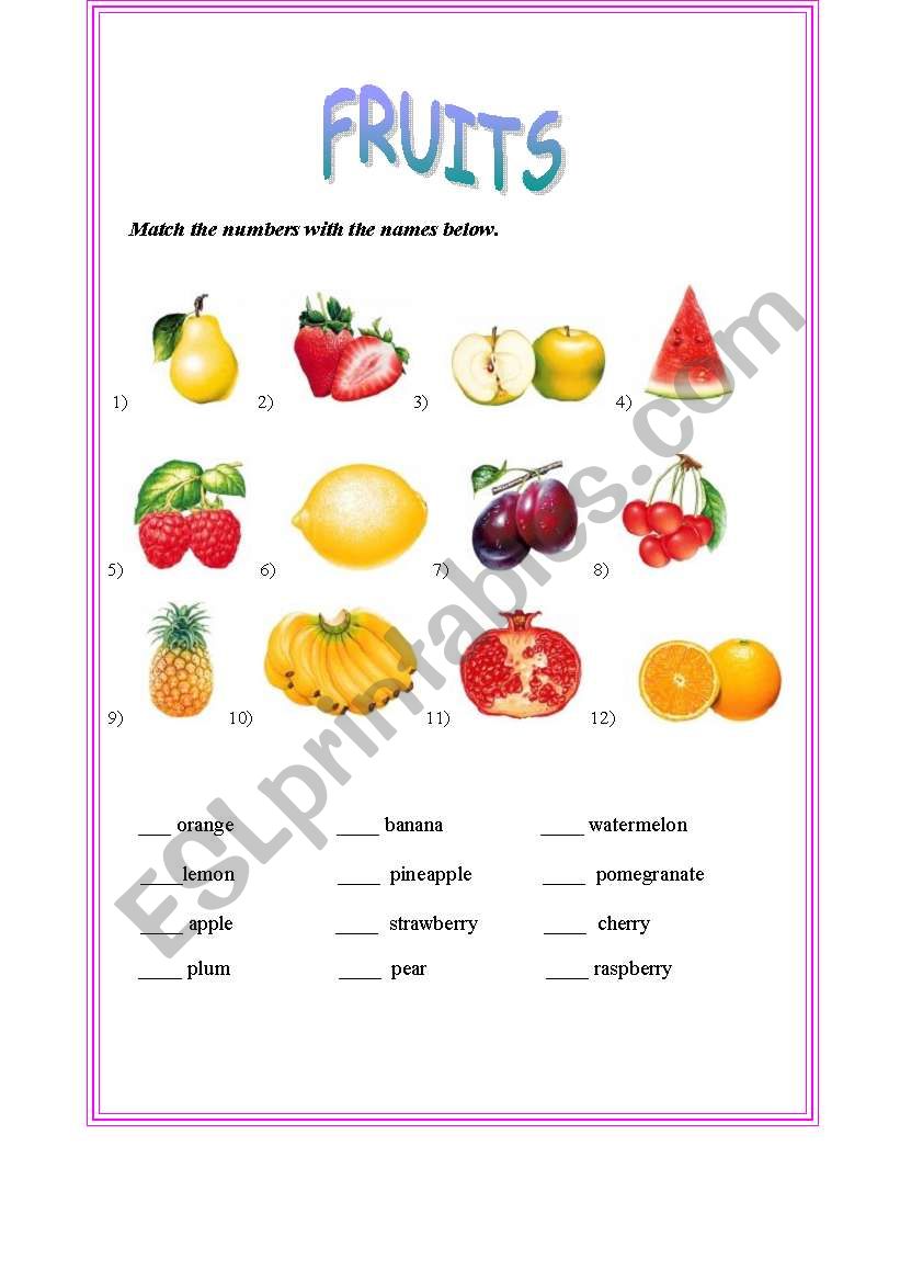 What can you say Fruits for Kids. Fruit Worksheet Apple Rear Plum Strawberry Orange.
