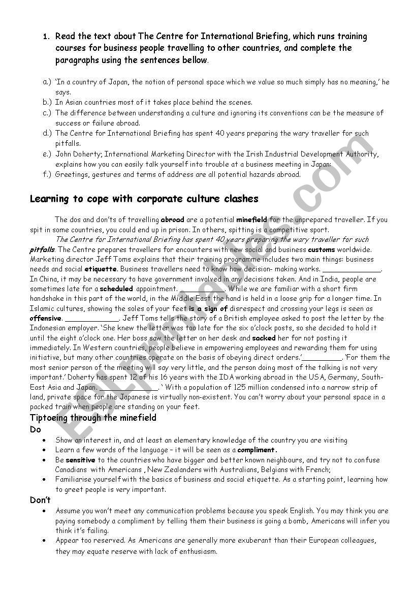 Business etiquette worksheet