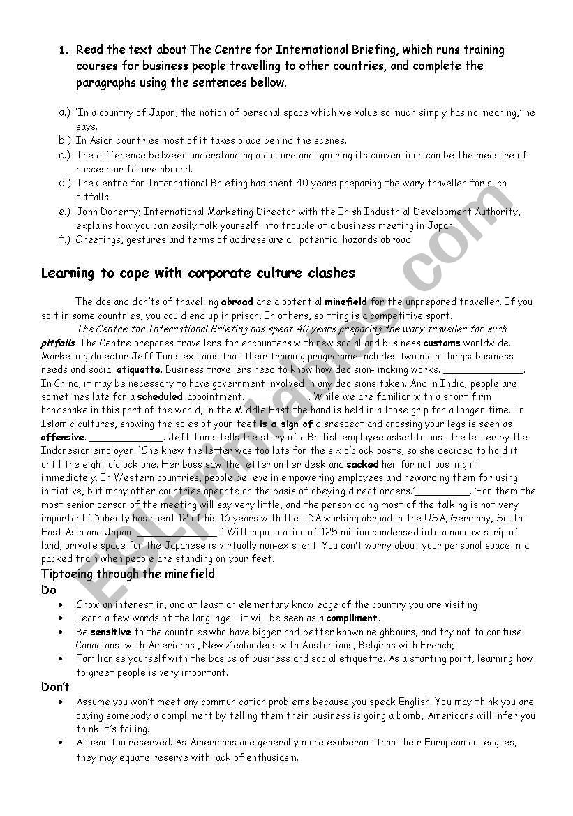 Business etiquette worksheet