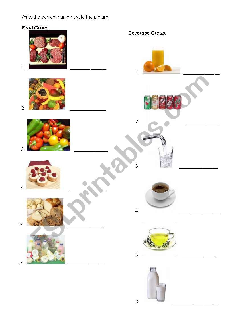 food and beverages worksheet