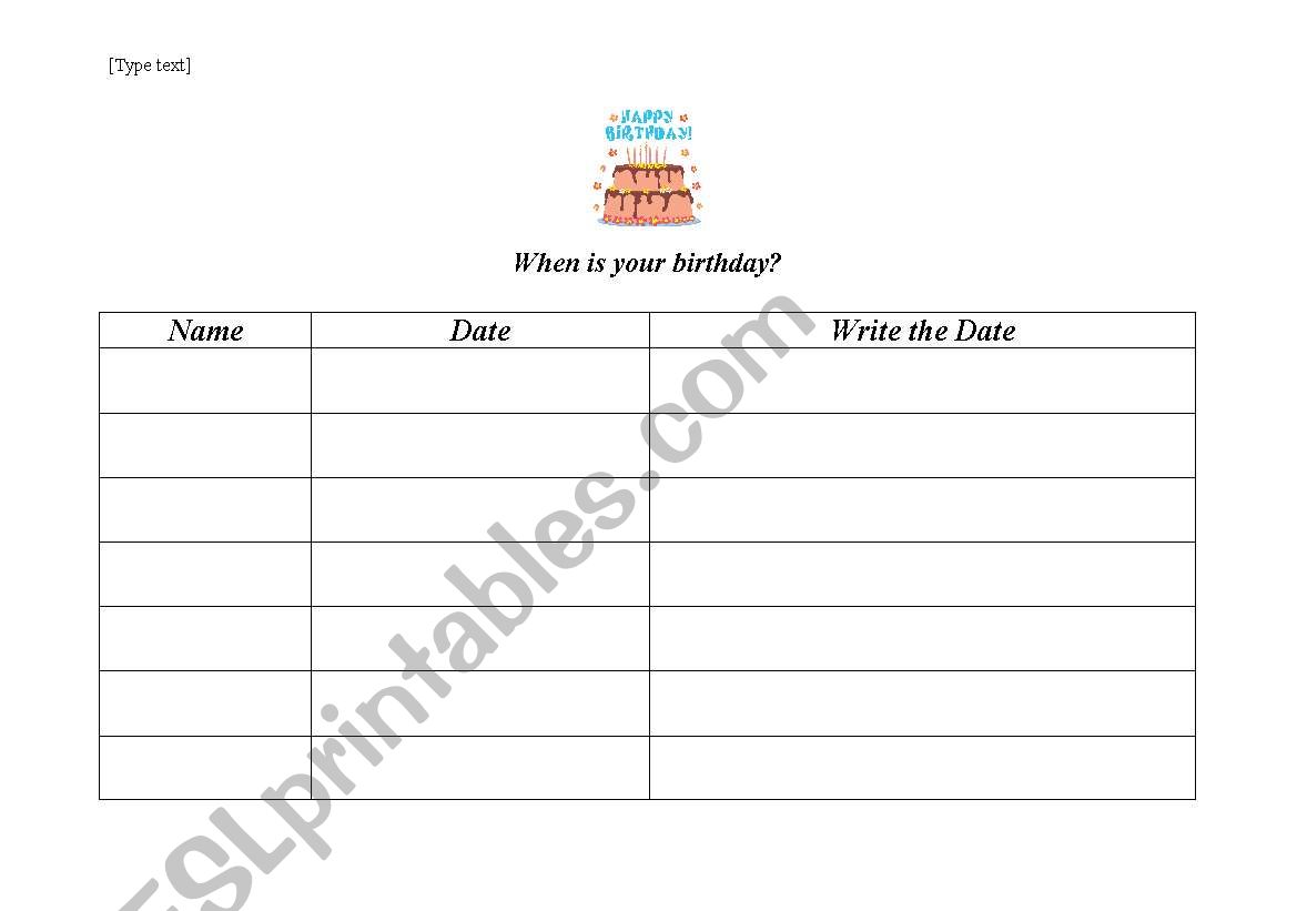 Birthday Sheet worksheet