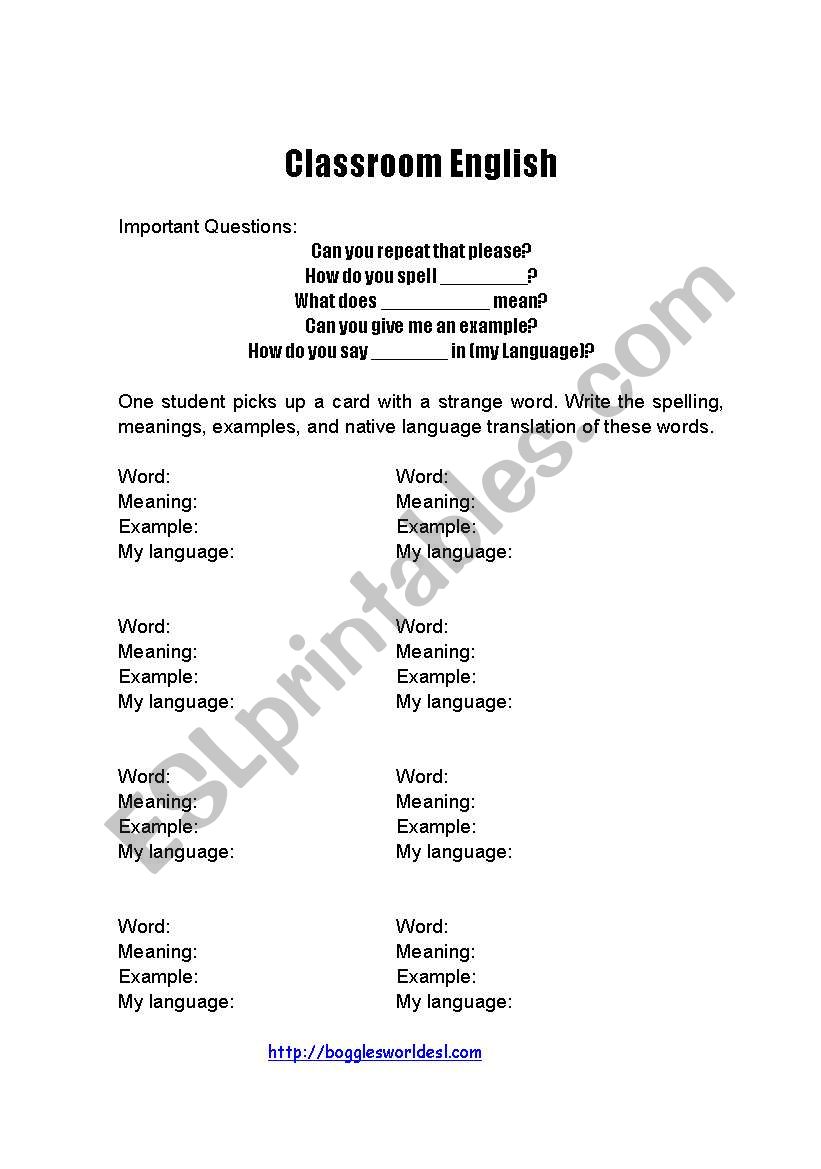 Classroom English worksheet