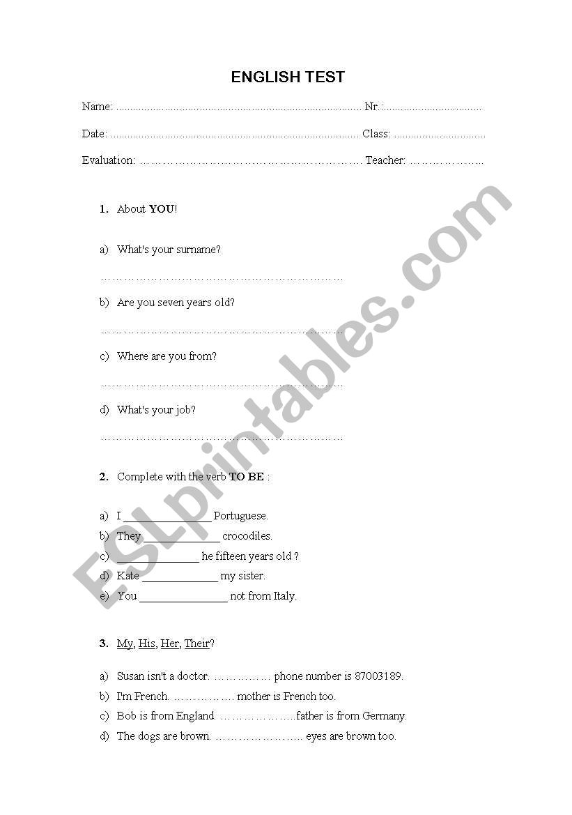 ELEMENTARY TEST worksheet