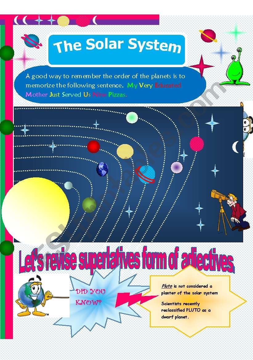 The solar system. How much do you know about it?. In this serie: SUPERLATIVE FORM OF ADJECTIVES // 6 pages (editable)