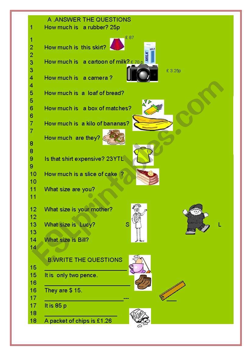 Asking and answering prices worksheet