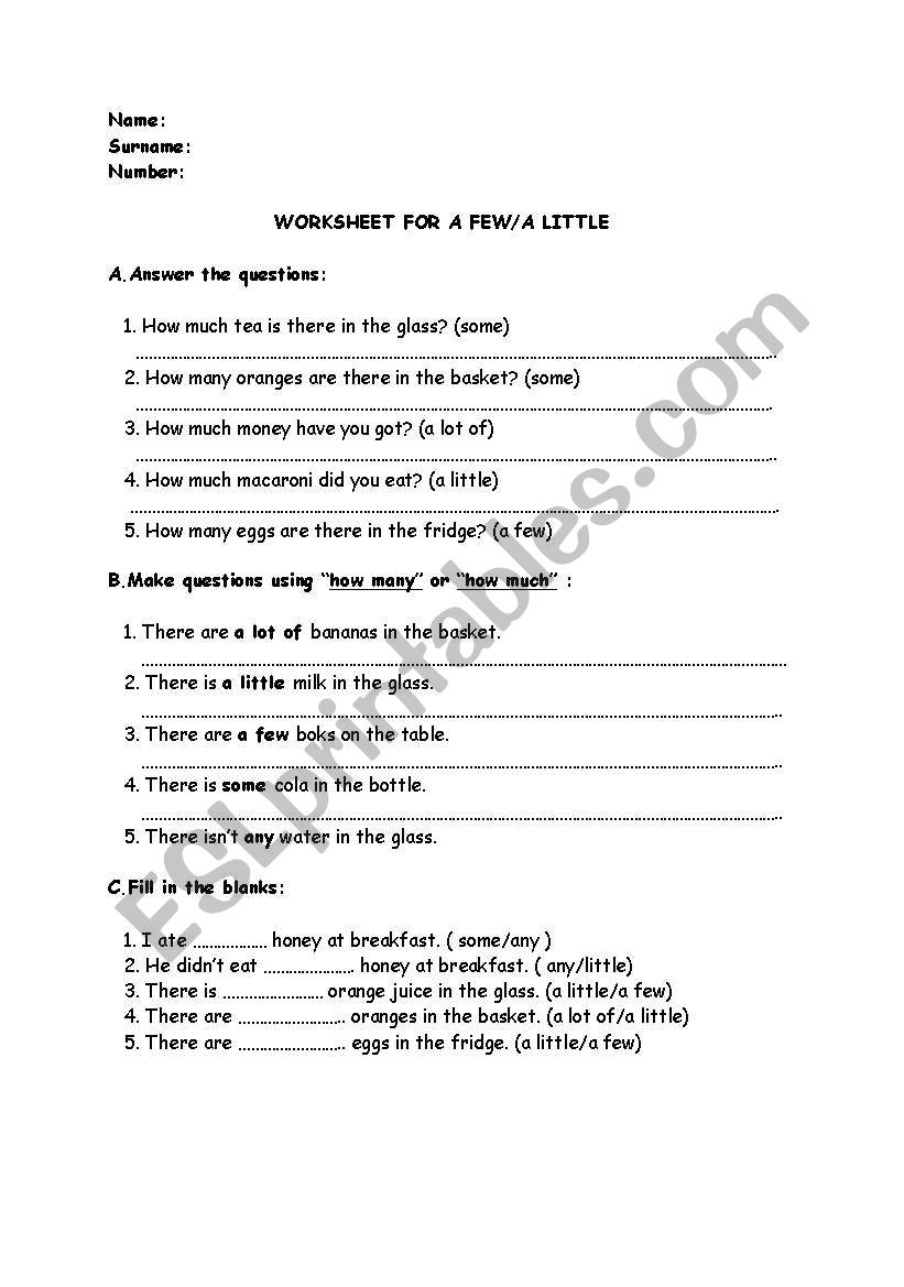 worksheet for a few/a little worksheet