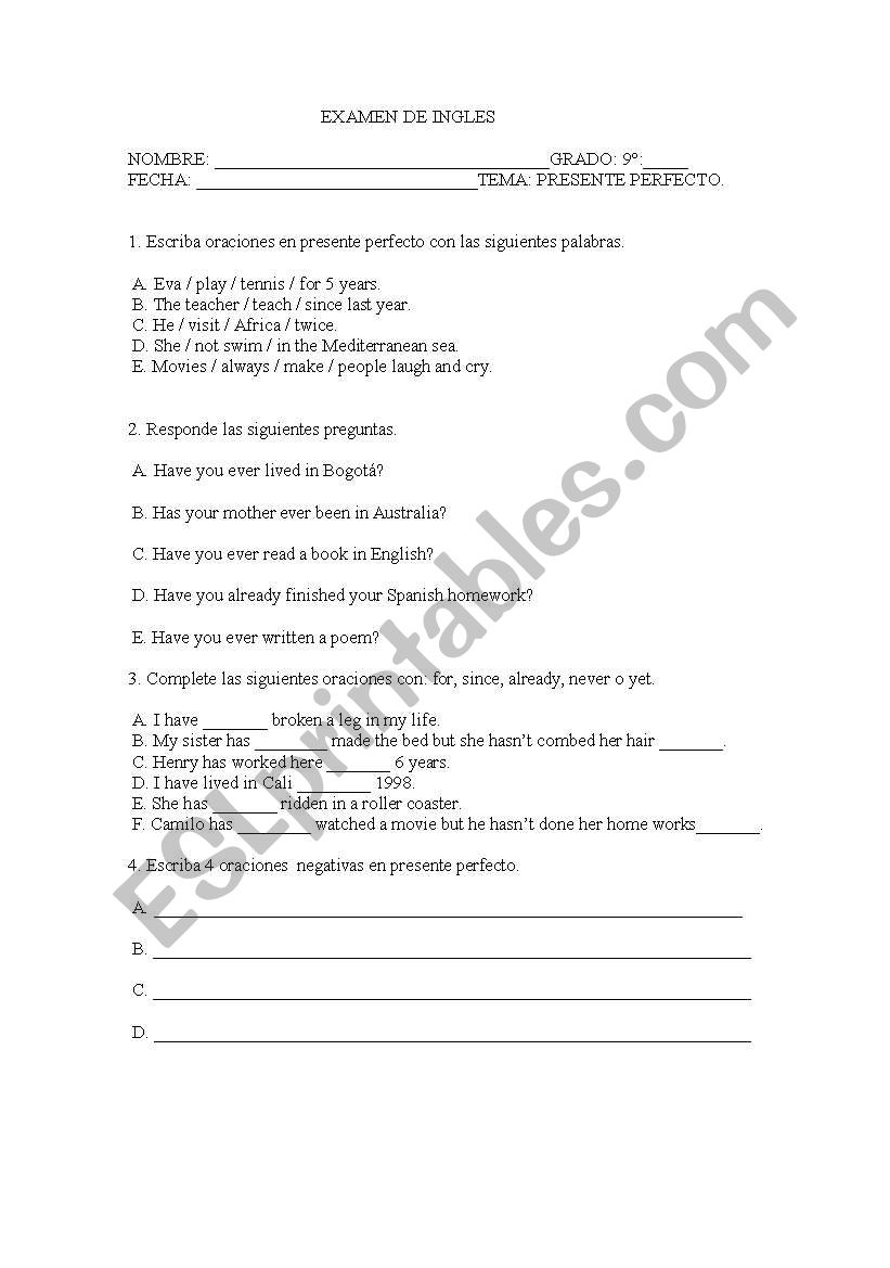 present perfect worksheet