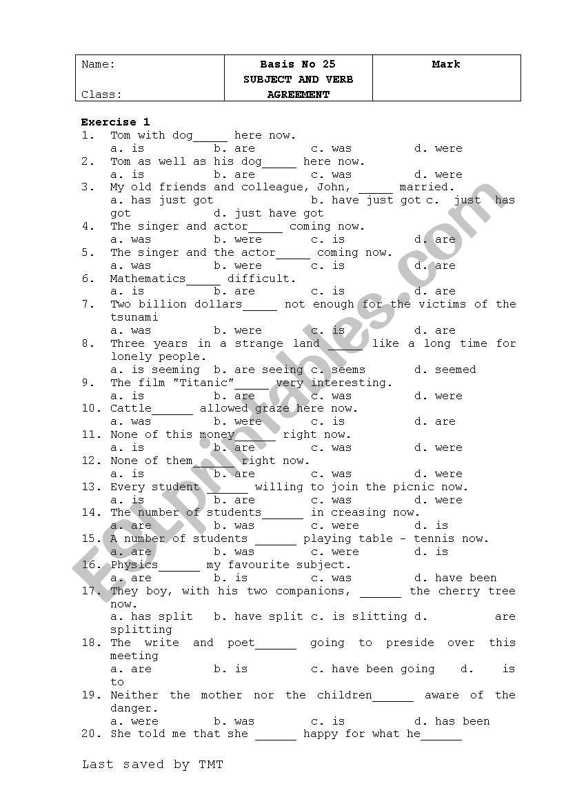 SUBJECT AND VERB AGREEMENT (MCQ)