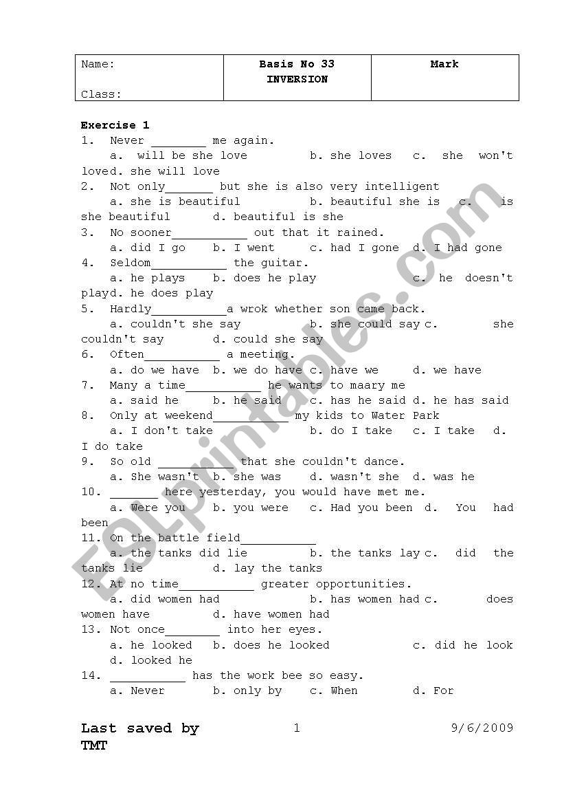 INVERSION (MCQ) worksheet