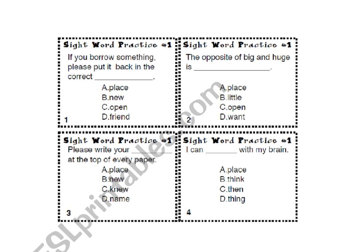 Sight  Word Task cards Set 1 worksheet
