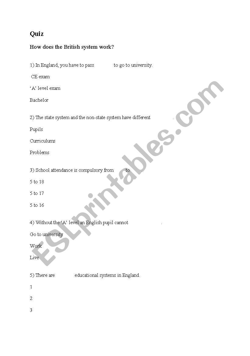 education in Britain quiz  worksheet