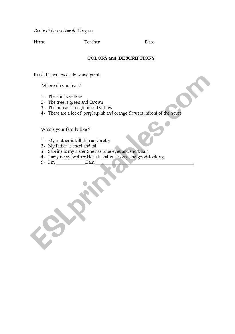 Colors and descriptions worksheet