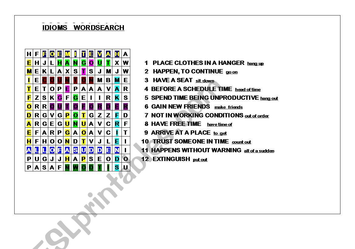 IDIOMS WORDSEARCH  ANSWER KEY worksheet