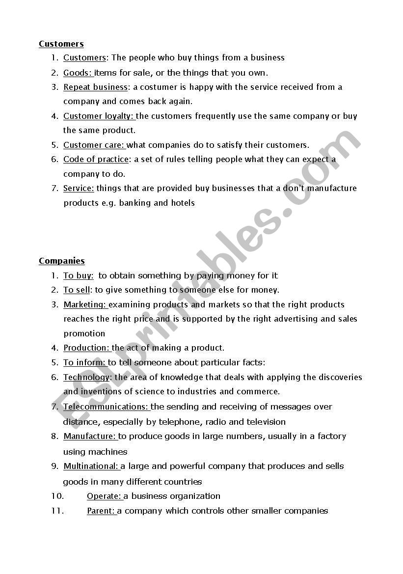 BEC vocabulary worksheet