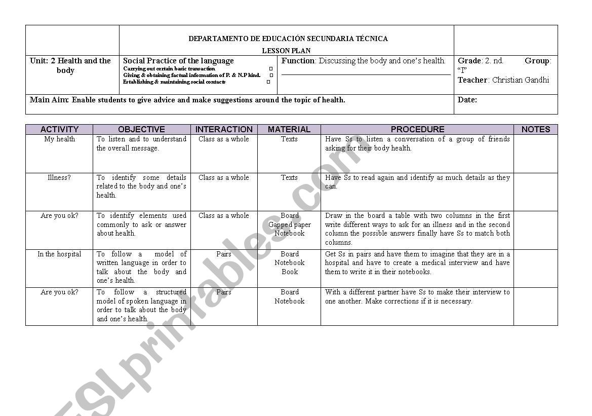 Health and the  body worksheet