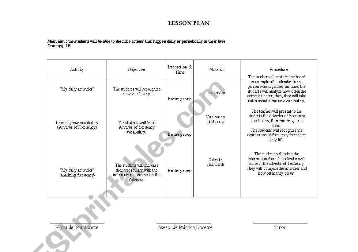 My daily activities worksheet
