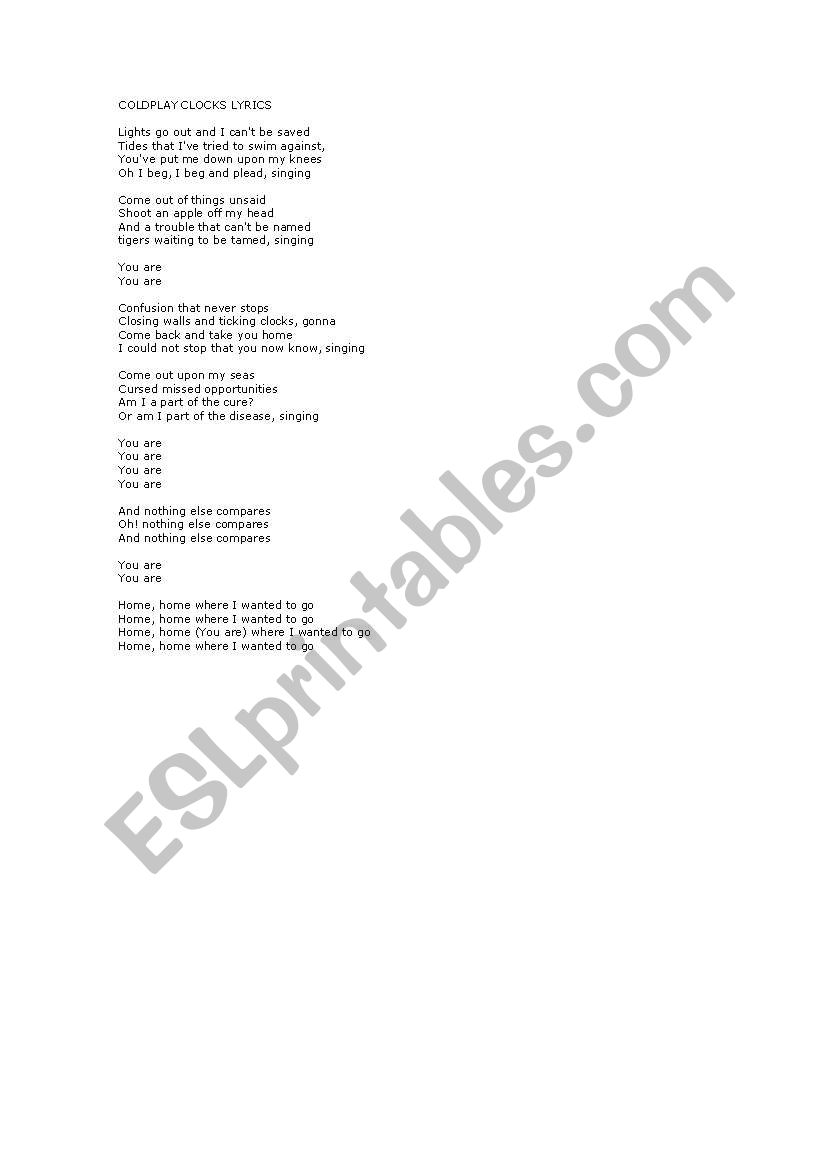 Clocks Lyrics by Cold Play Listening Exercise