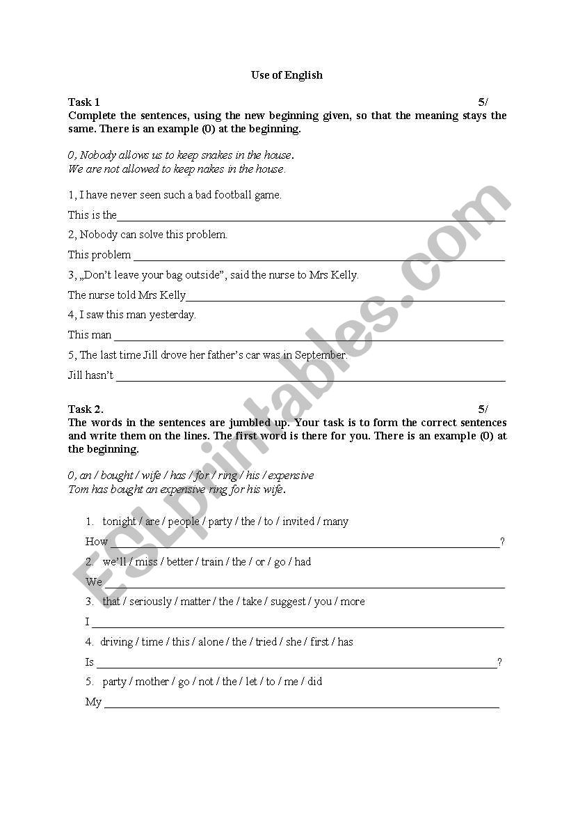 Use of English and Writing worksheet