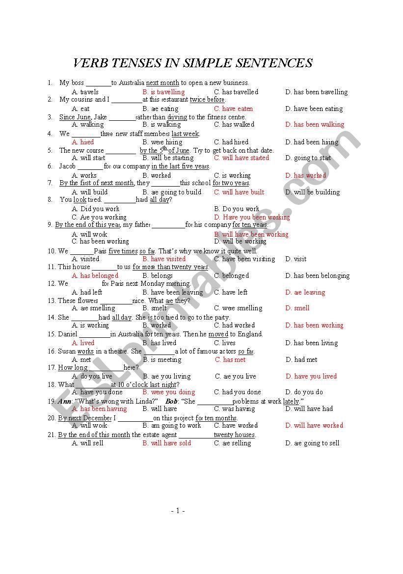 VERB TENSES IN SIMPLE SENTENCES (MCQ) 