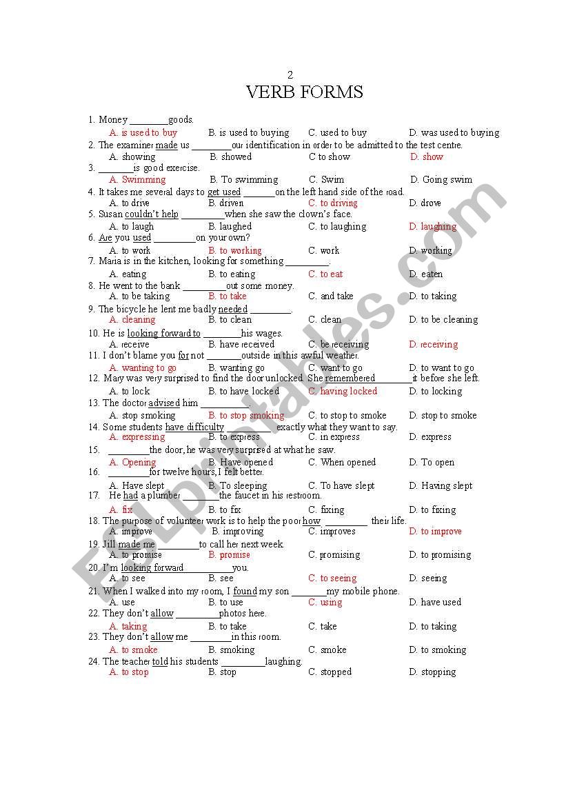 VERB FORM TESTS (MCQ) worksheet