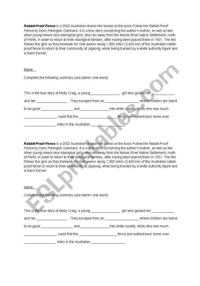 RABBIT PROOF FENCE worksheet